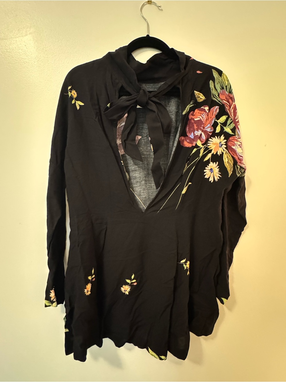 Free People Black Floral Long Sleeve Women's Dress- Black with Multicolor Floral - Picture 2 of 3